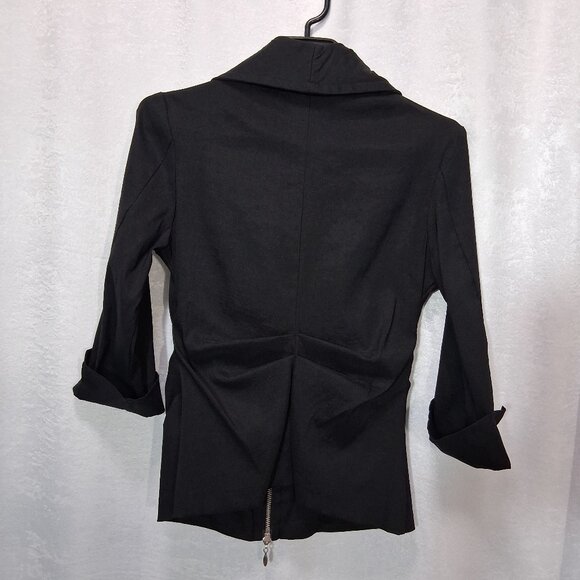 1. Joseph Ribkoff Fitted Shiny Black Zip-Up Top With Ruffles & Silver Hardware - Picture 2 of 2